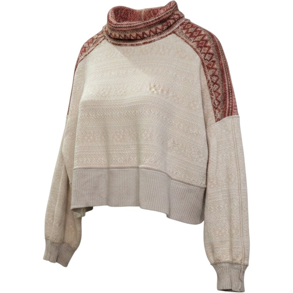 We The Free Sweater Cream Red Fair Isle Mock Neck Cropped - Large